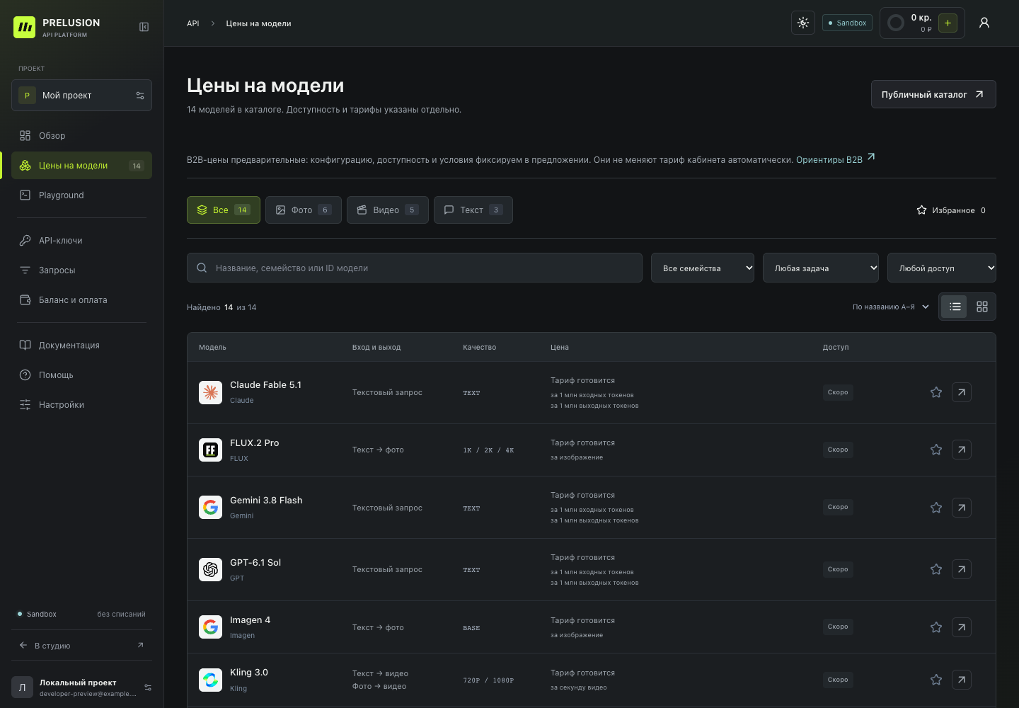 Демонстрационный каталог API-моделей PRELUSION: поиск, фильтры и параметры